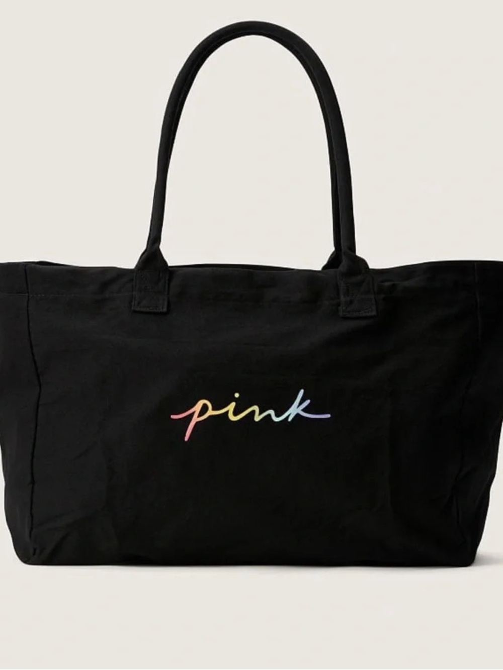 NWT Victoria’s Secret PINK 2023 Black Canvas Tote Bag, rainbow lettering